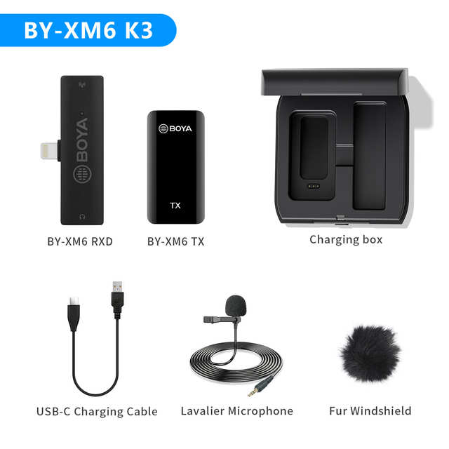 BOYA BY-XM6-K3 K4 Wireless Lavalier Microphone for Apple iOS devices with lightning ports.