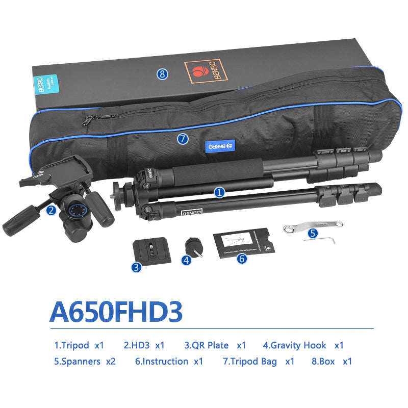 Benro A650FHD3 Tripod Kit Aluminium Camera Stand HD3 Three Way Head
